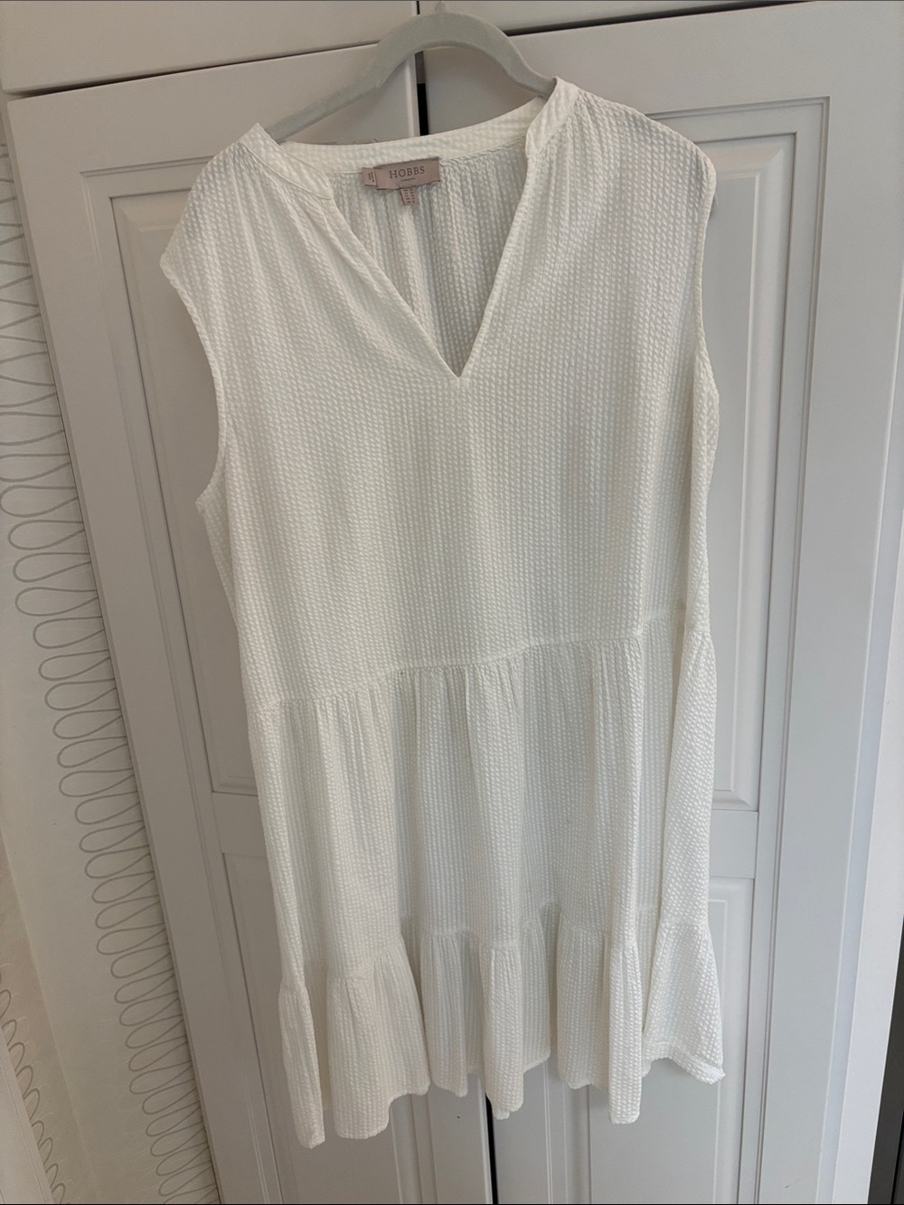 Pique White Sleeveless V-Neck Tiered Dress